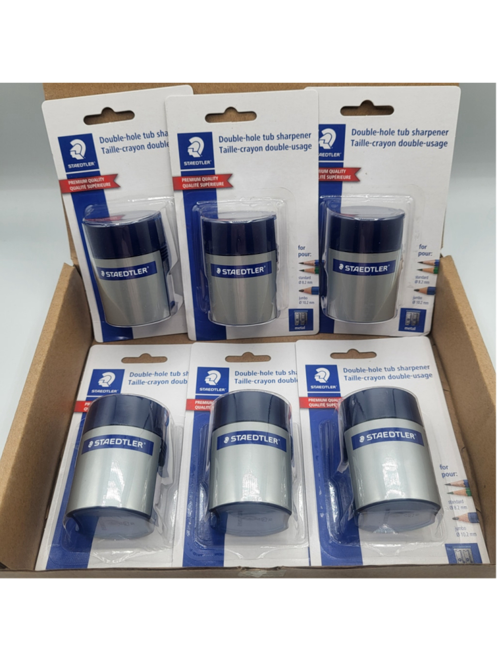 Double Hole Tub Pencil Sharpeners - 6 Pack - Standard & Jumbo - New In Box